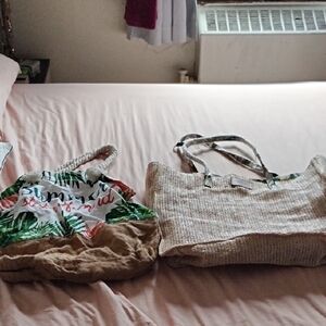 Victoria's Secret Tropical Green and Woven Tan Totes